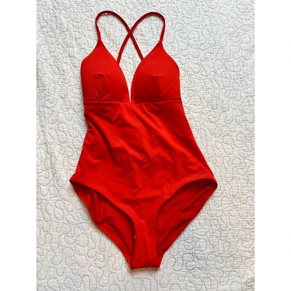 Calia One Piece Swimsuit Lace Up Back V-Neck Size 8‎ NWOT